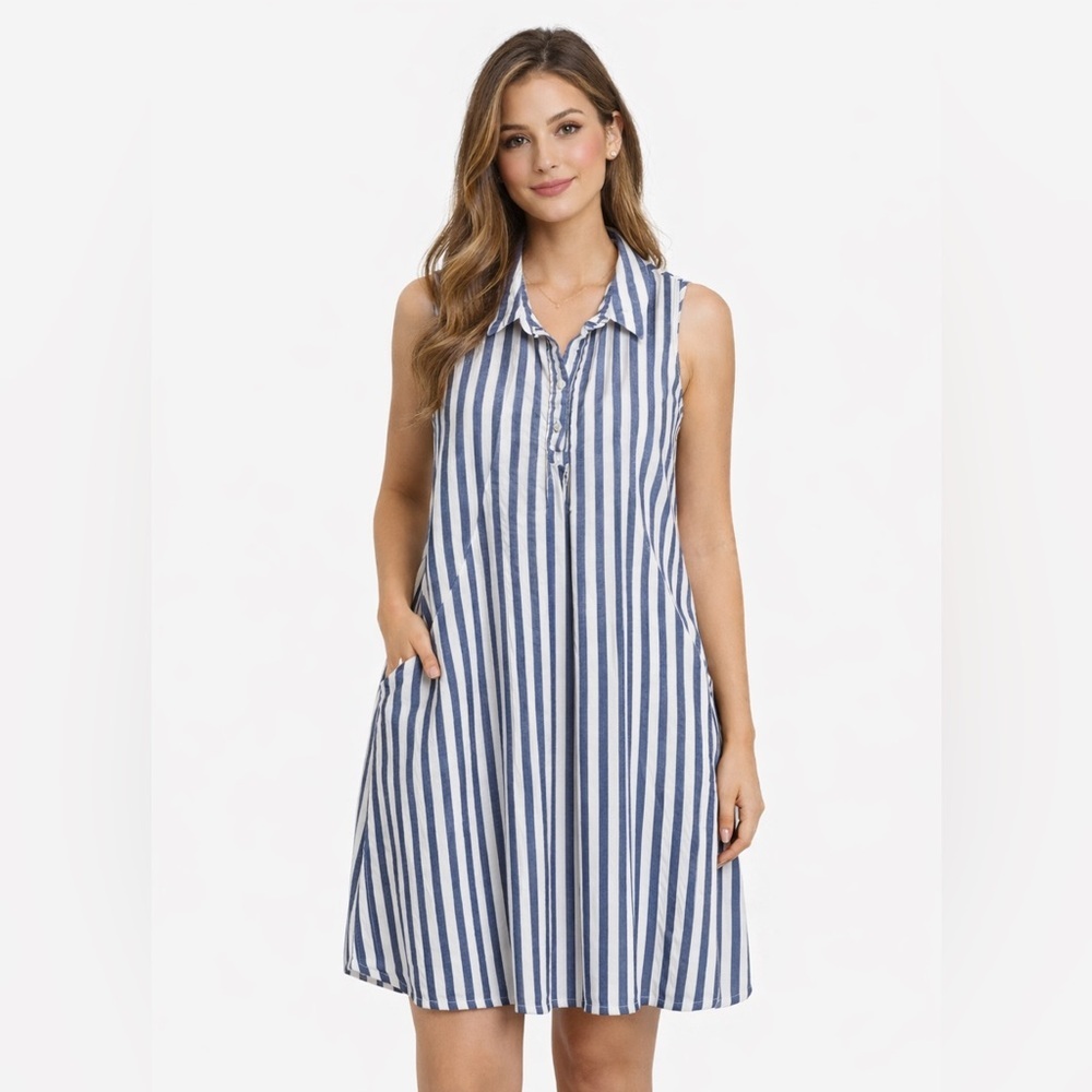 Sharagano Blue White Striped Shirt Dress Size 16 Sleeveless Pockets